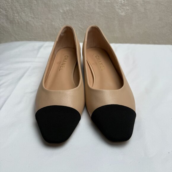 Designer Inspired Beige & Black Cap Toe Ballerina Flats Size 40 (US 9) old money - Picture 6 of 12